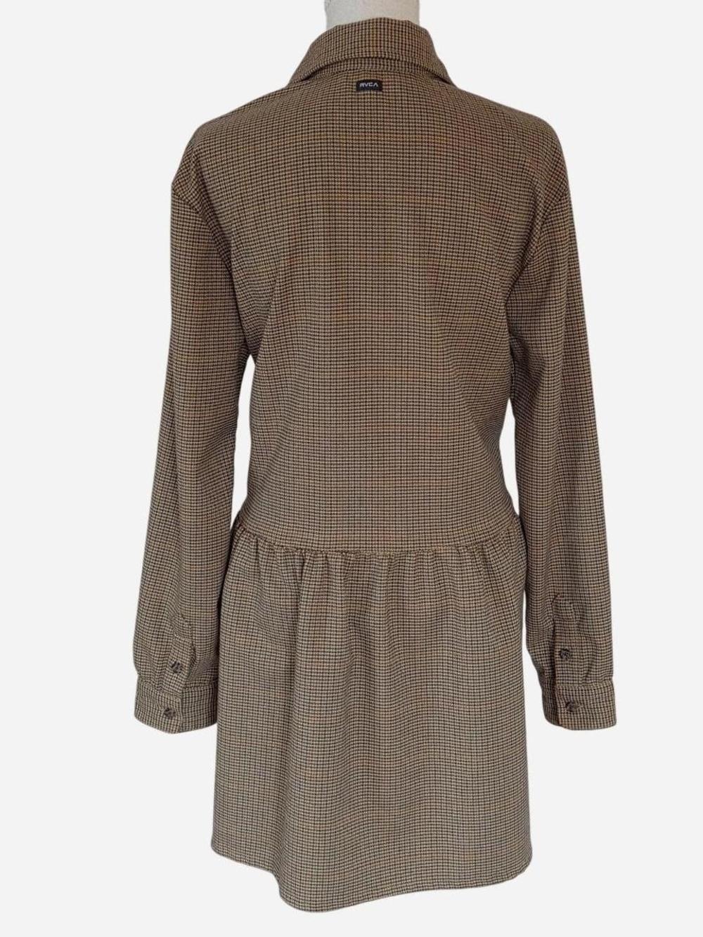 RVCA Houndstooth Plaid Button Up Collared Shirt Sress Brown Size S - Picture 3 of 11